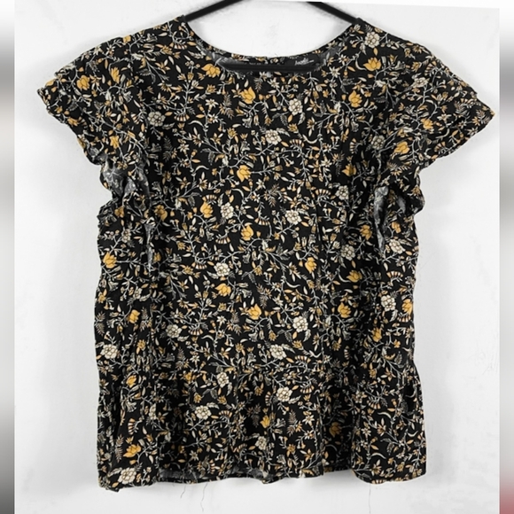 Angels 1X Flowy Ruffle Sleeve Peplum Top Ditsy Floral Mustard Black Blouse - Picture 2 of 10